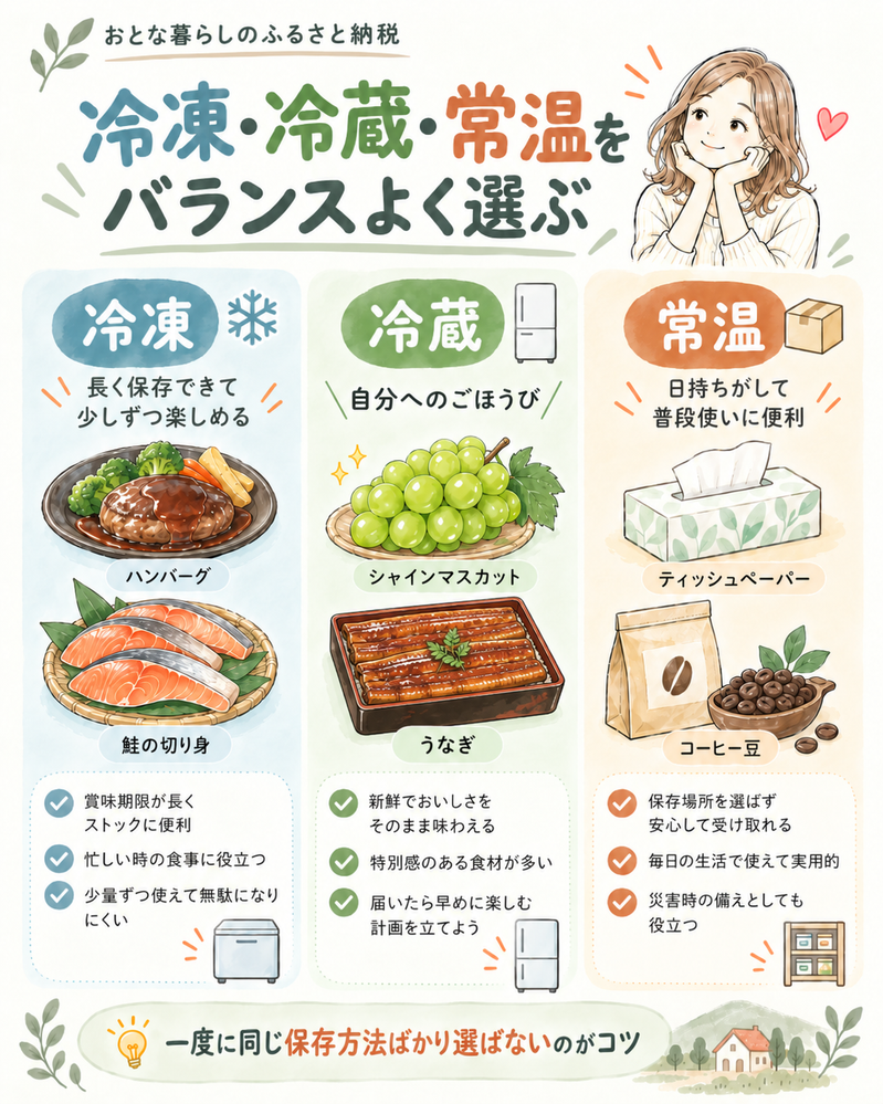 ふるさと納税の返礼品を冷凍・冷蔵・常温に分けて紹介した図解。冷凍はハンバーグと鮭、冷蔵はシャインマスカットとうなぎ、常温はティッシュとコーヒー豆。