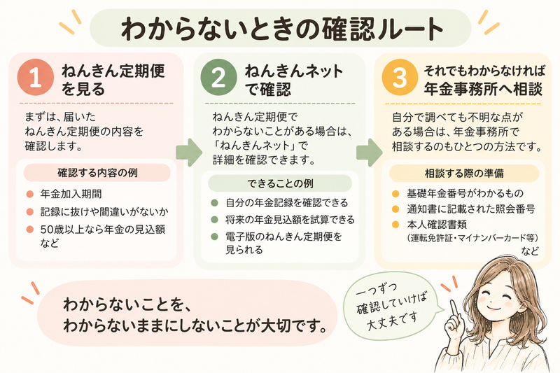 ねんきん定期便でわからないことがあるときの確認ルート。ねんきん定期便を確認し、ねんきんネットで調べ、それでも不明なら年金事務所へ相談する流れをまとめた図解。