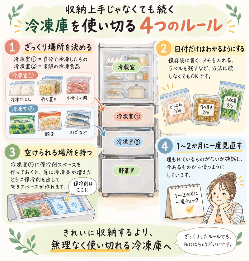 収納が得意でなくても冷凍庫を使い切るための4つのルール。冷凍室①と②の使い分け、日付管理、保冷剤スペース、1〜2か月ごとの見直しをまとめた図解。
