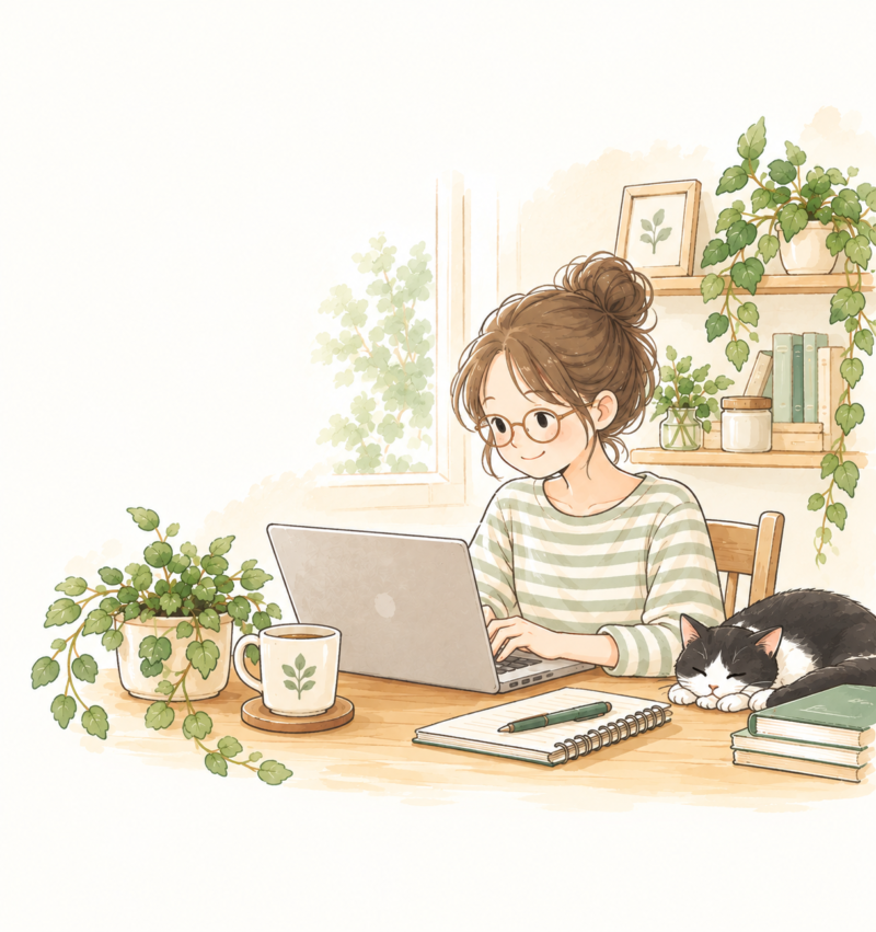 老眼鏡をかけてパソコンに向かう女性と、そばで眠る黒白のハチワレ猫を描いたプロフィール用イラスト。