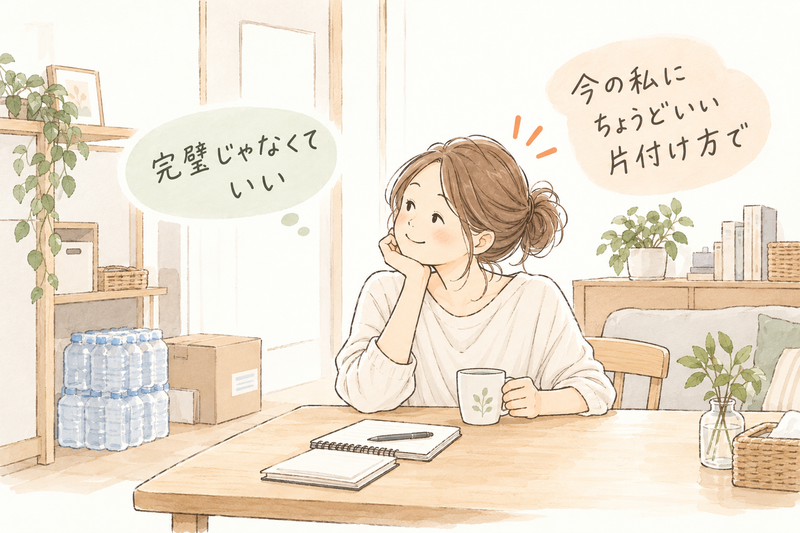 箱買いの水が床に置かれた部屋で、机の上だけ整えてくつろぐ女性のイラスト。『完璧じゃなくていい』『今の私にちょうどいい片付け方で』と、自分に合う片付けを表している。