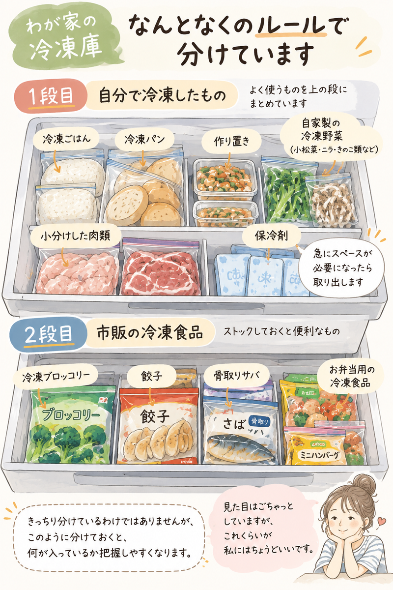 ひとり暮らしの冷凍庫を、1段目は冷凍ごはん・作り置き・肉類・野菜・保冷剤、2段目はブロッコリー・餃子・骨取りサバ・お弁当用冷凍食品に分けている様子の図解。