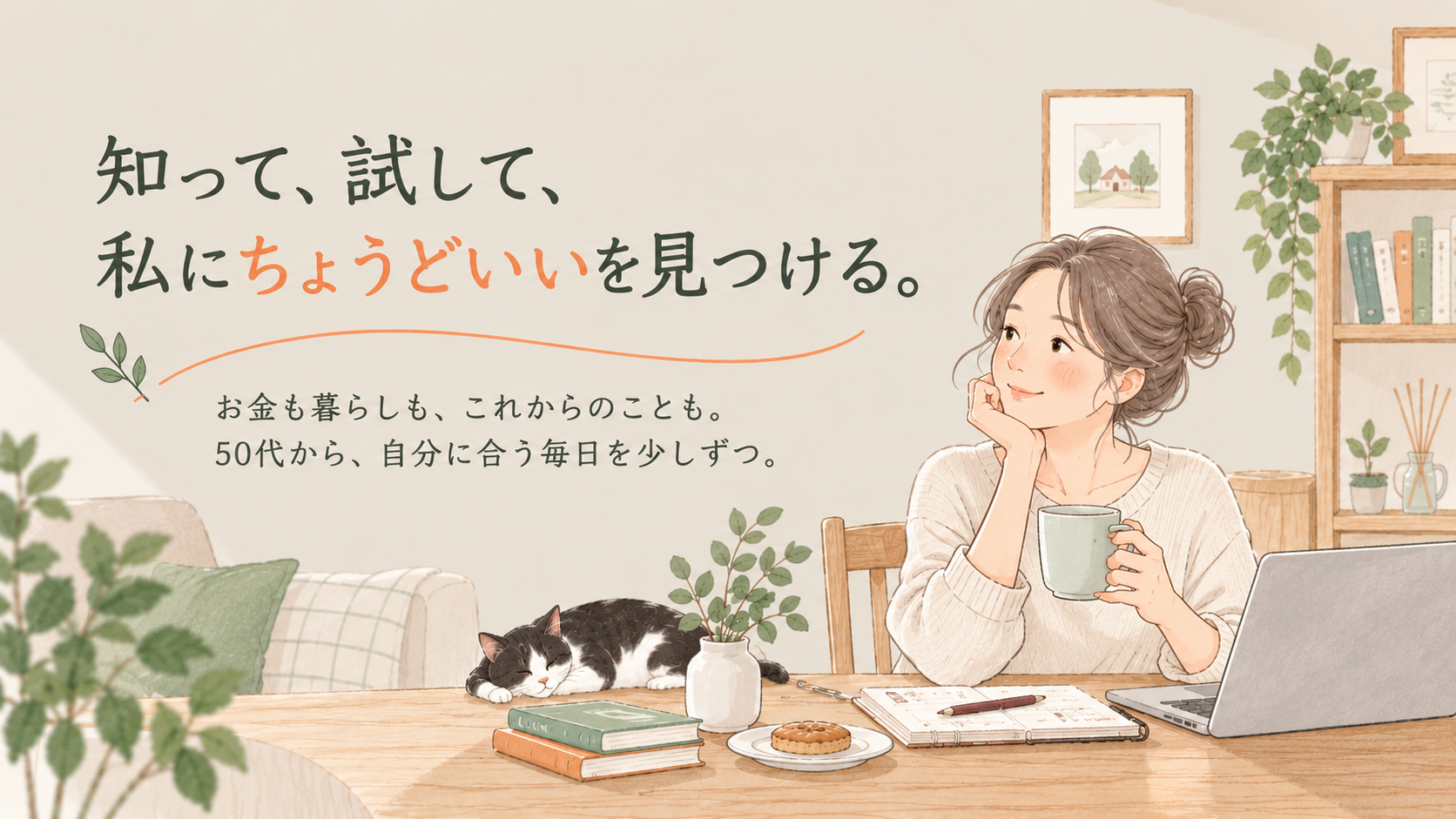 「知って、試して、私にちょうどいいを見つける。」というメッセージと、カフェオレを手にほほえむ女性、机の上で眠る猫のイラスト
