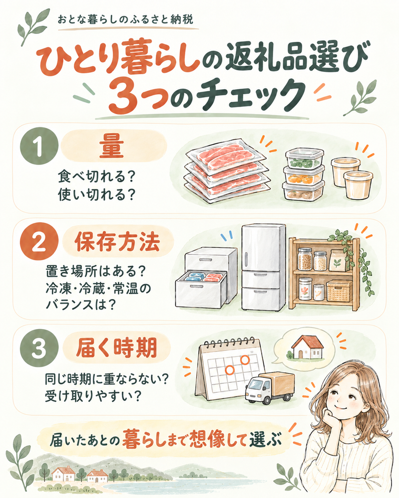 ひとり暮らしの返礼品選びで確認したい3つのポイント。量、保存方法、届く時期をチェックする図解。