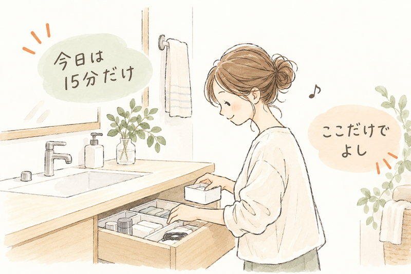 洗面所の引き出しを15分だけ片付ける女性のイラスト。『今日は15分だけ』『ここだけでよし』と、小さく片付ける習慣を表している。