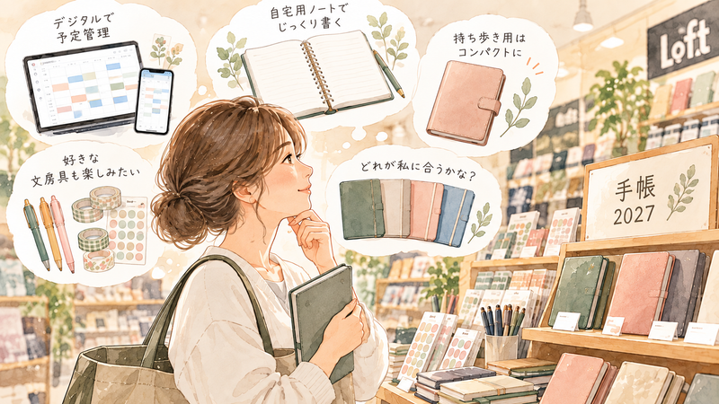 手帳売り場でノートや手帳、ペンやシールを見ながら、2027年の自分に合う使い方を考える女性のイラスト。