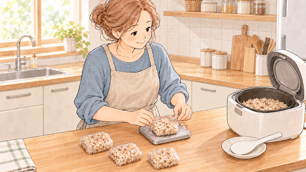 炊飯器で炊いた雑穀ごはんを、冷凍用に1食分ずつラップで包む女性の水彩イラスト。