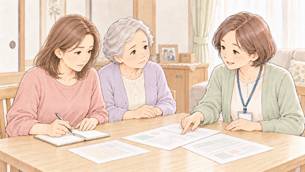 実家の食卓で、母と一緒にケアマネジャーの説明を聞き、メモを取る女性の水彩イラスト。
