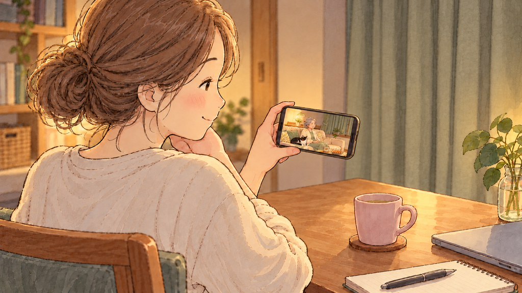 自宅でスマホの映像を見ながら、実家で過ごす母と黒白のハチワレ猫の様子を確認する女性の水彩イラスト。
