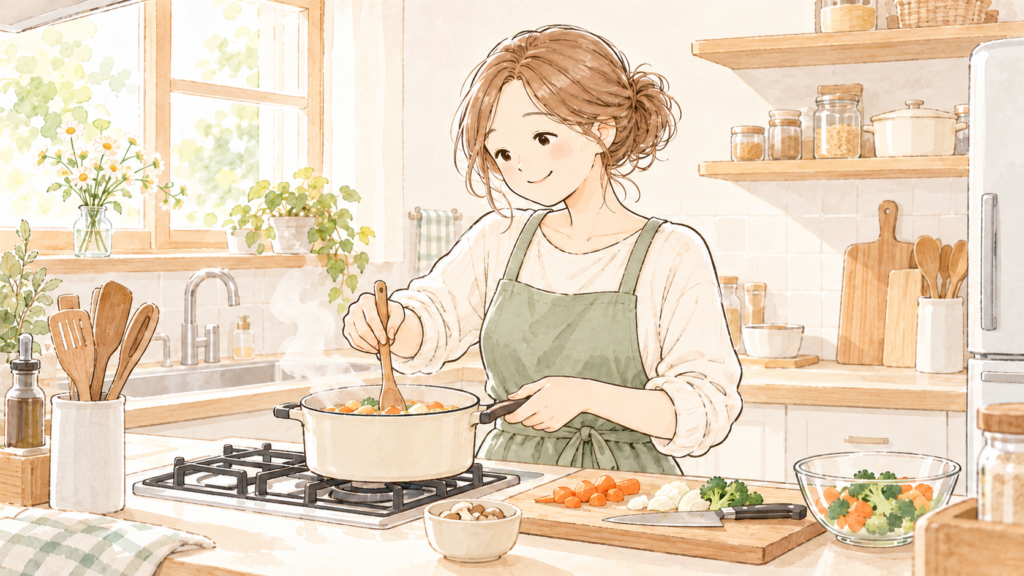 自宅の台所で、鍋をかき混ぜながら料理を楽しむ女性の水彩イラスト。
