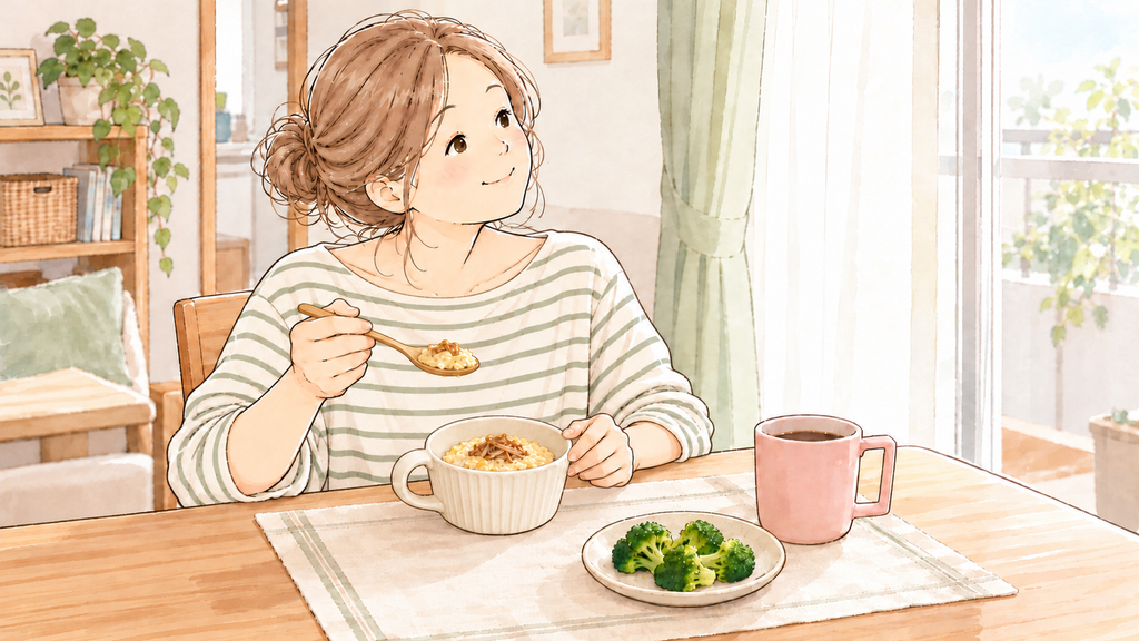 なめたけをのせた卵かけオートミールとブロッコリー、コーヒーの朝食を、ボーダーの服の女性が楽しむ水彩イラスト。