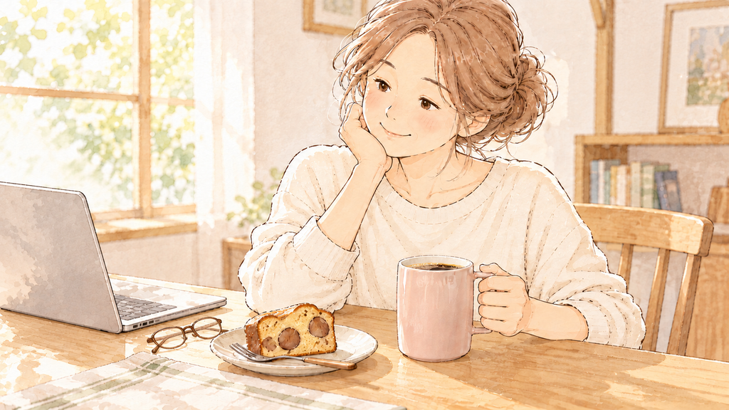 開いたパソコンとはずしたメガネをそばに置き、ピンクのマグのコーヒーと栗のケーキでひと休みする女性の水彩イラスト。