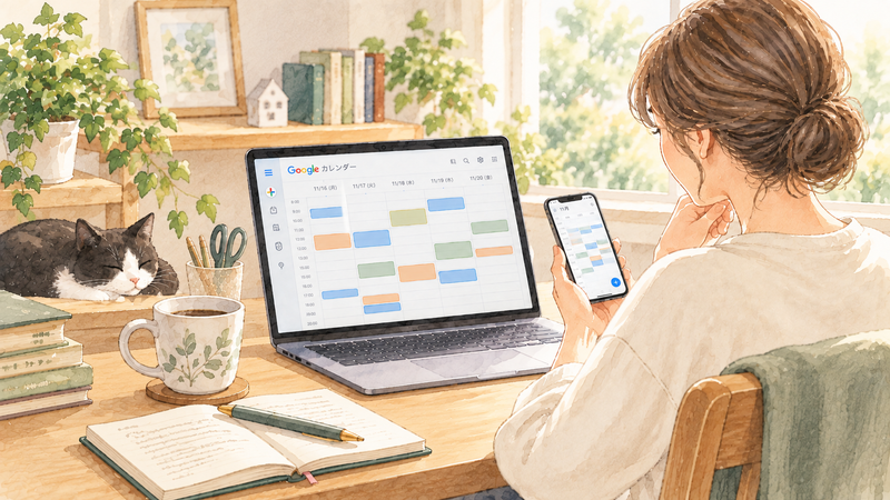 パソコンのGoogleカレンダーの週表示を見ながら、スマホでも予定を確認する女性と黒白のハチワレ猫のイラスト。